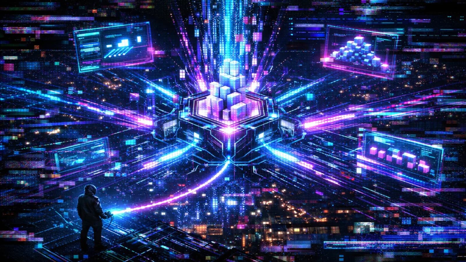 Neon cyberpunk network of operators connected by data streams with a central injection point where tokens flow into the mesh as glowing particles on a dark Base blockchain grid
