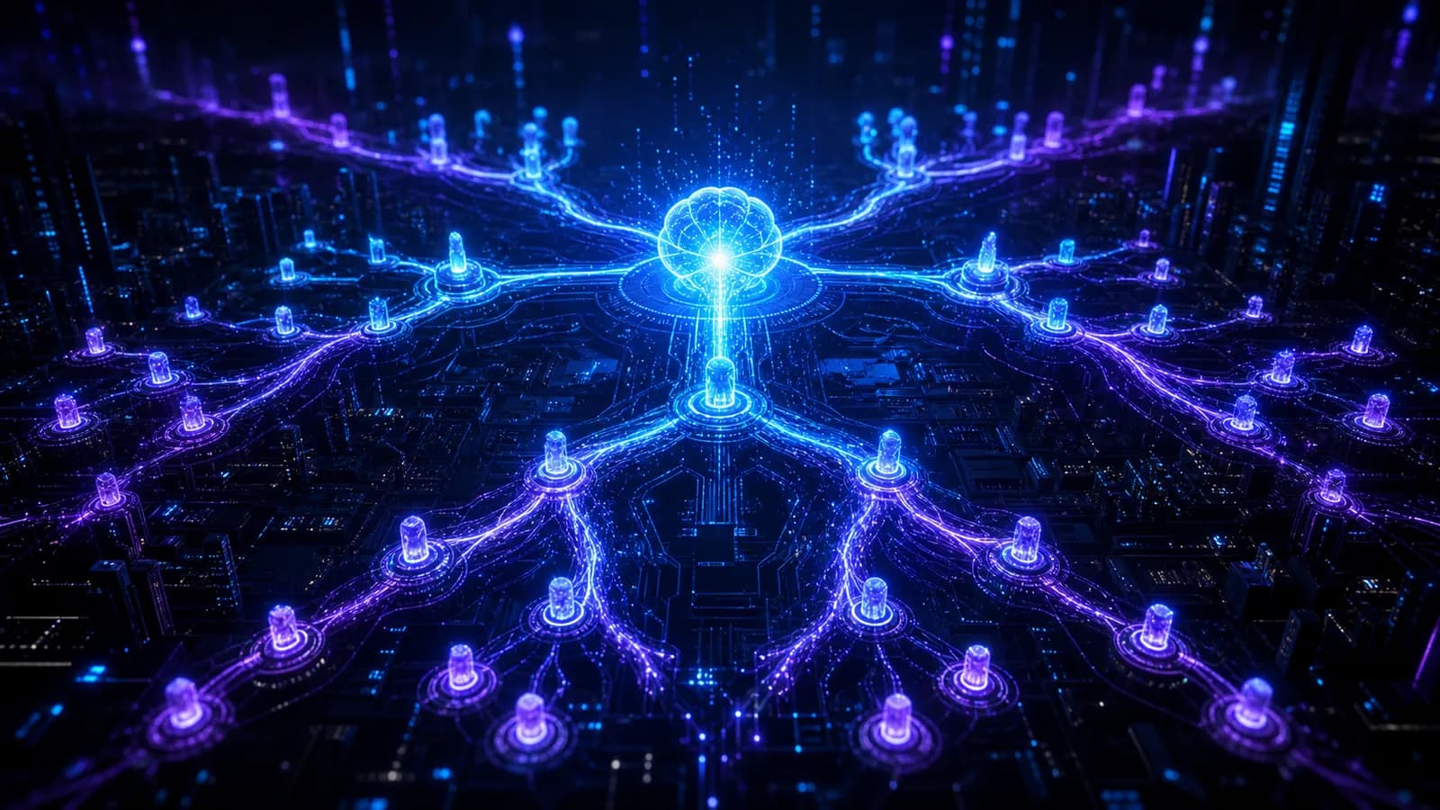 Cyberpunk neural link diagram, neon blue and violet referral chains lighting up across three tiers as a node activates