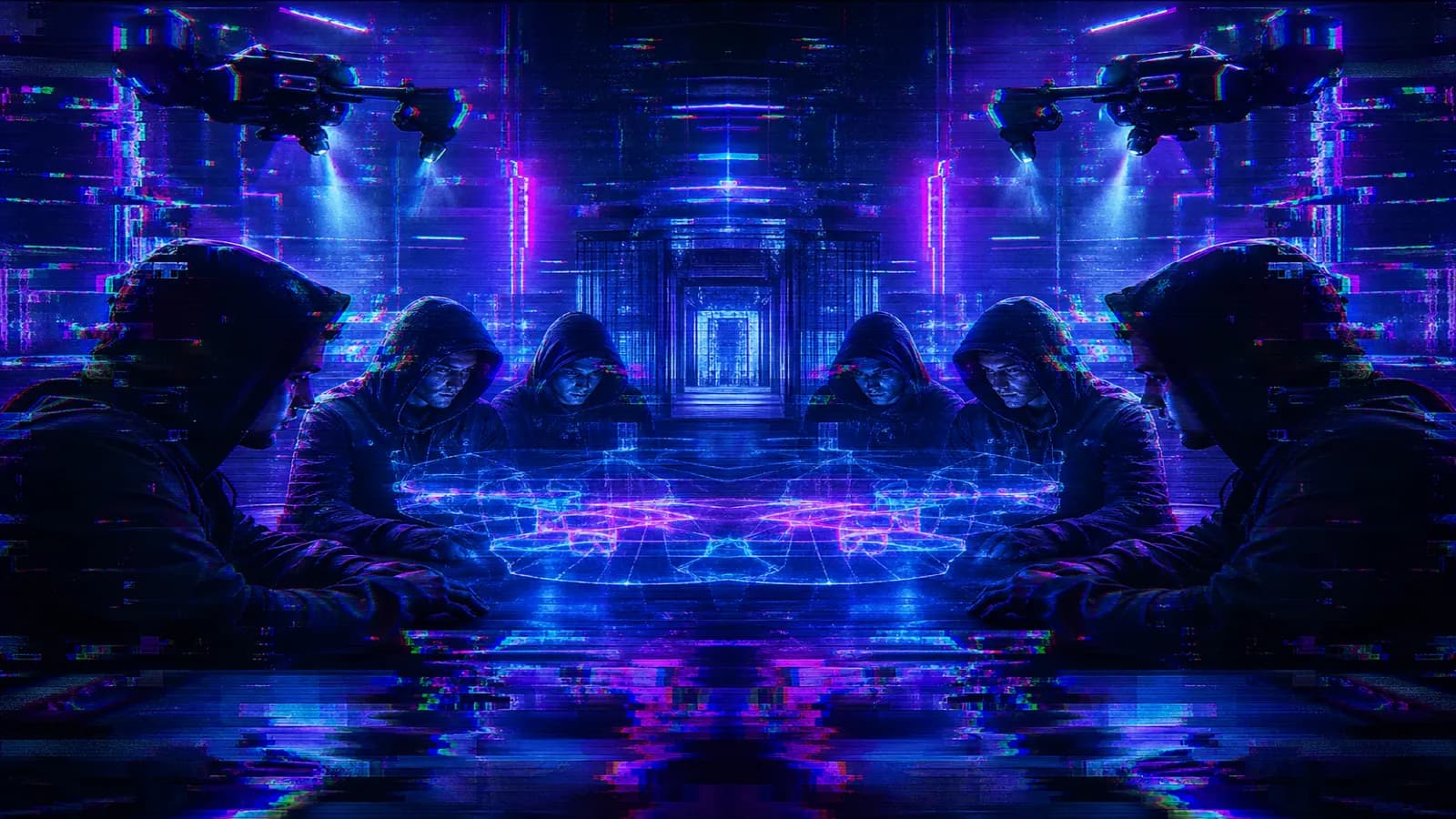 Hooded operators gathered around a holographic neural table with surveillance drones above, neon blue and violet glitch effects