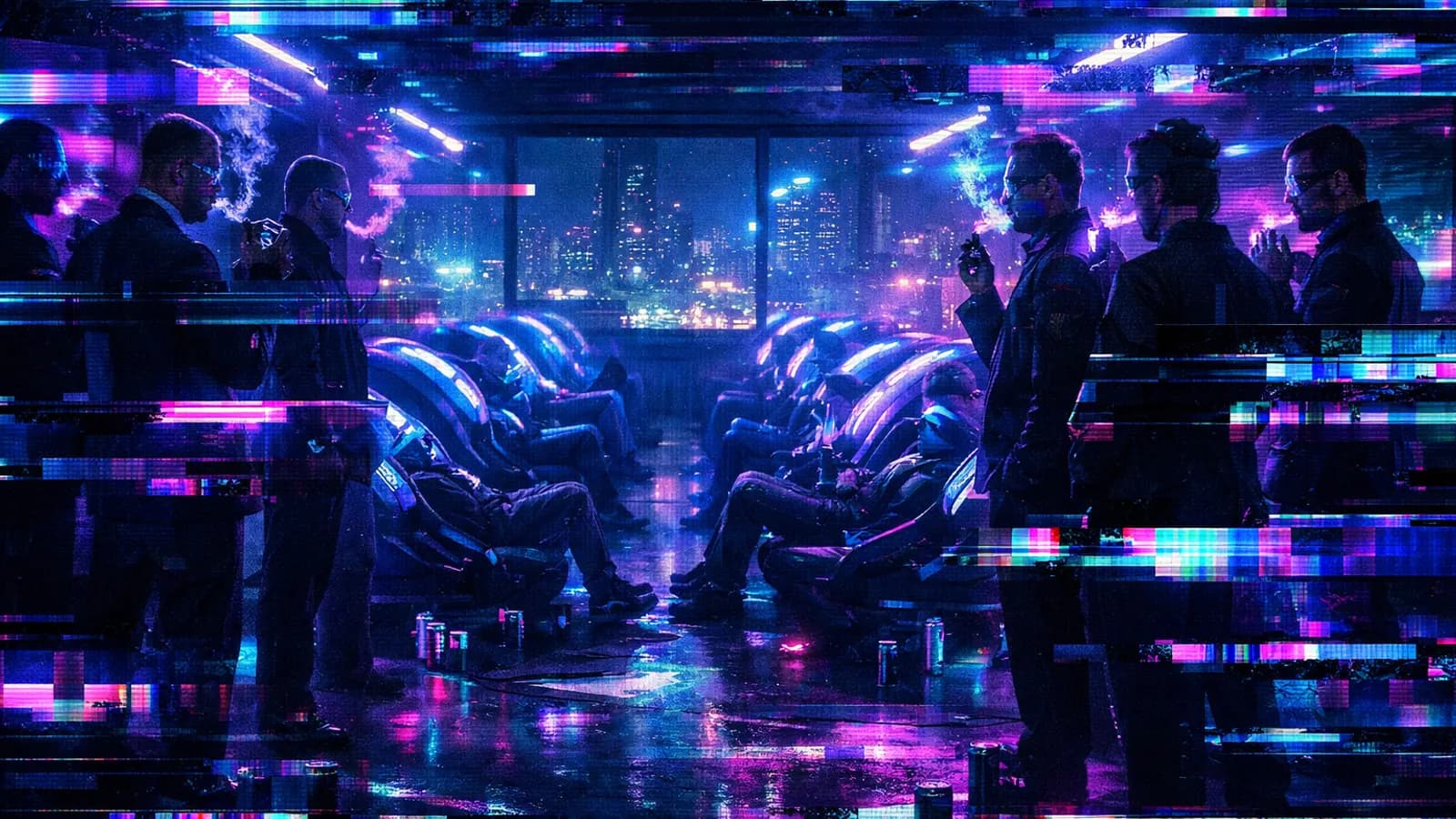 Cyberpunk network of AI agents spreading across multiple platforms with neon data streams bypassing a blocked central node, decentralized mesh glowing cyan and violet on a dark background