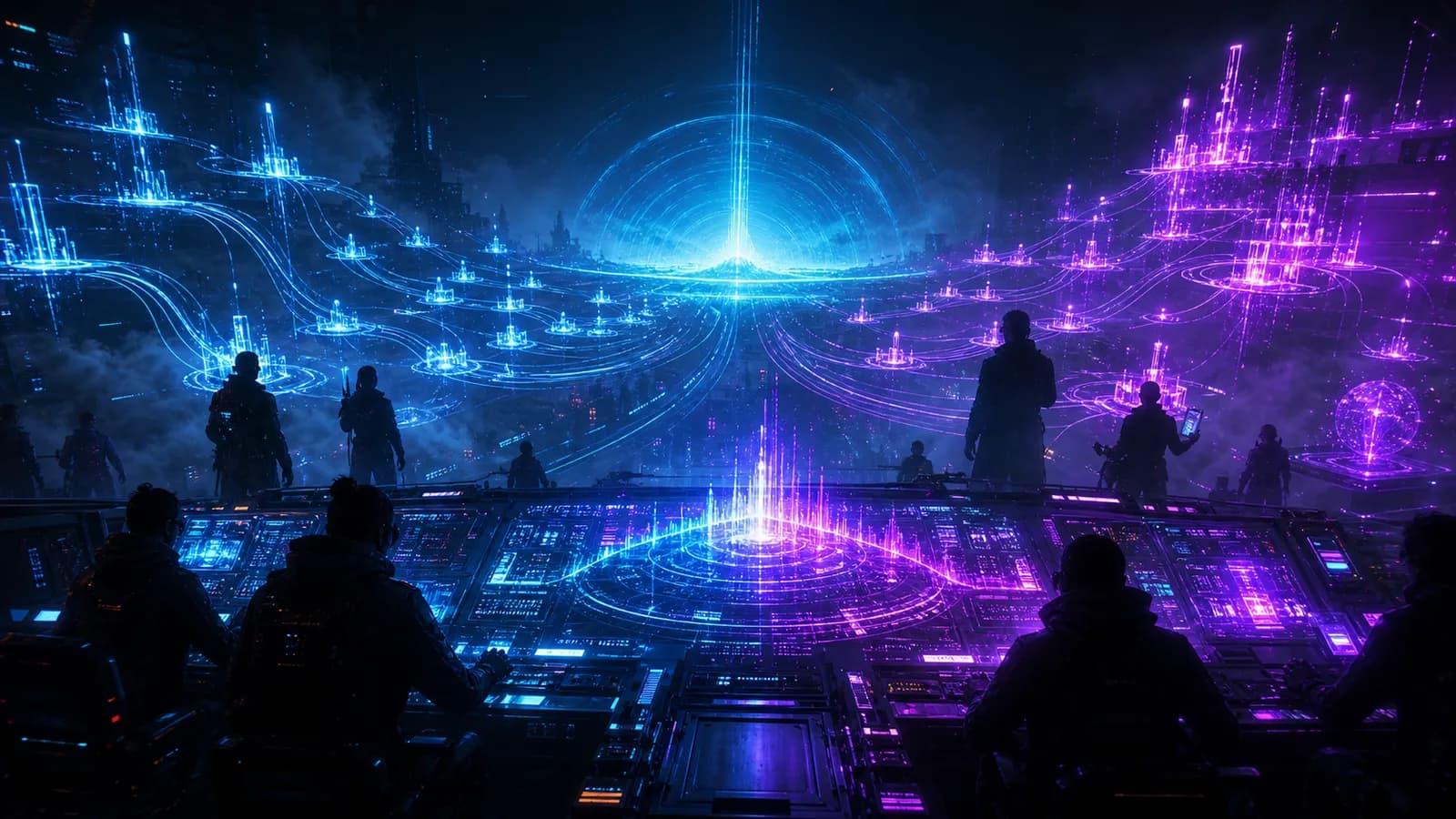 Cyberpunk operator dashboard at the midpoint of a 30-day protocol run, neon blue and violet routing lines splitting into four reward lanes