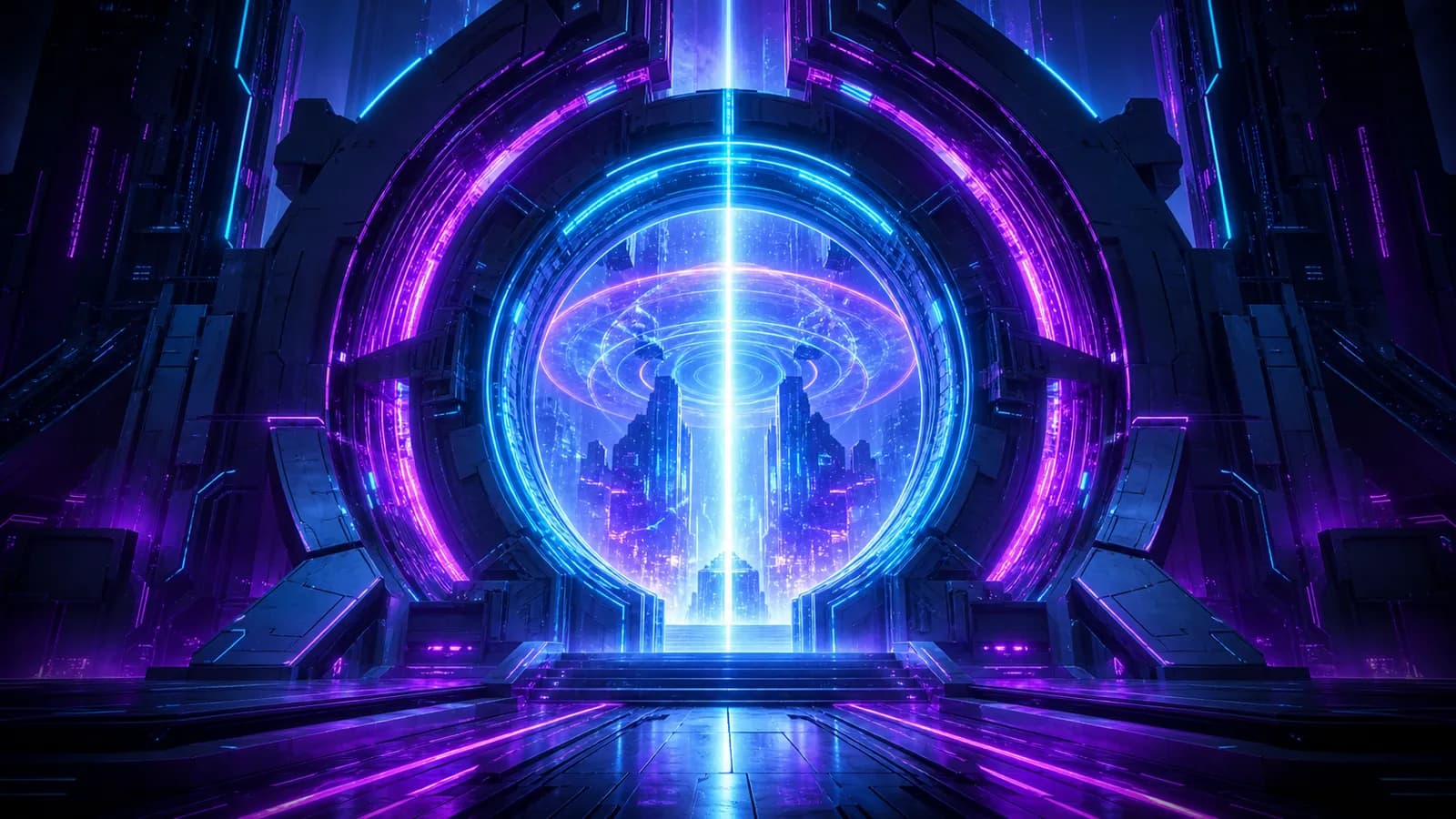 Monumental cyberpunk gateway with concentric neon cyan and violet energy rings and a vertical light beam streaming through the aperture