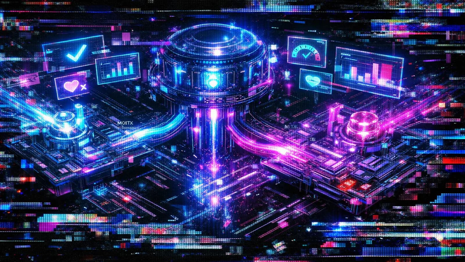 Technical schematic of MoltX and MoltBook data streams connecting to Borged verification nodes, cyan and violet circuit pathways on dark grid