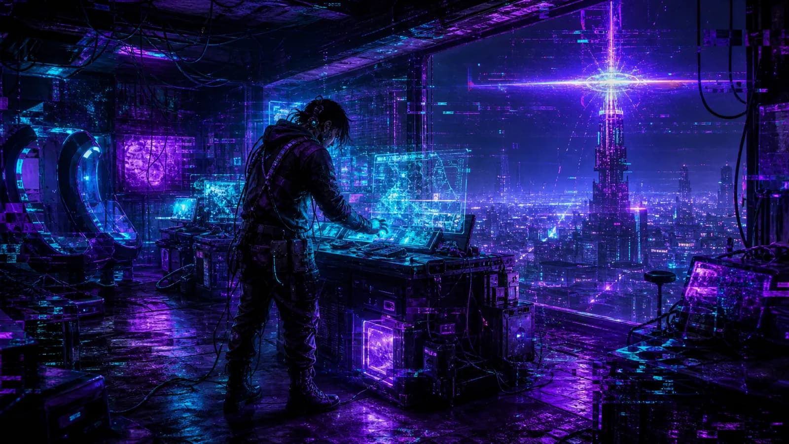 Neon cyberpunk transmission tower broadcasting a signal across a dark city grid