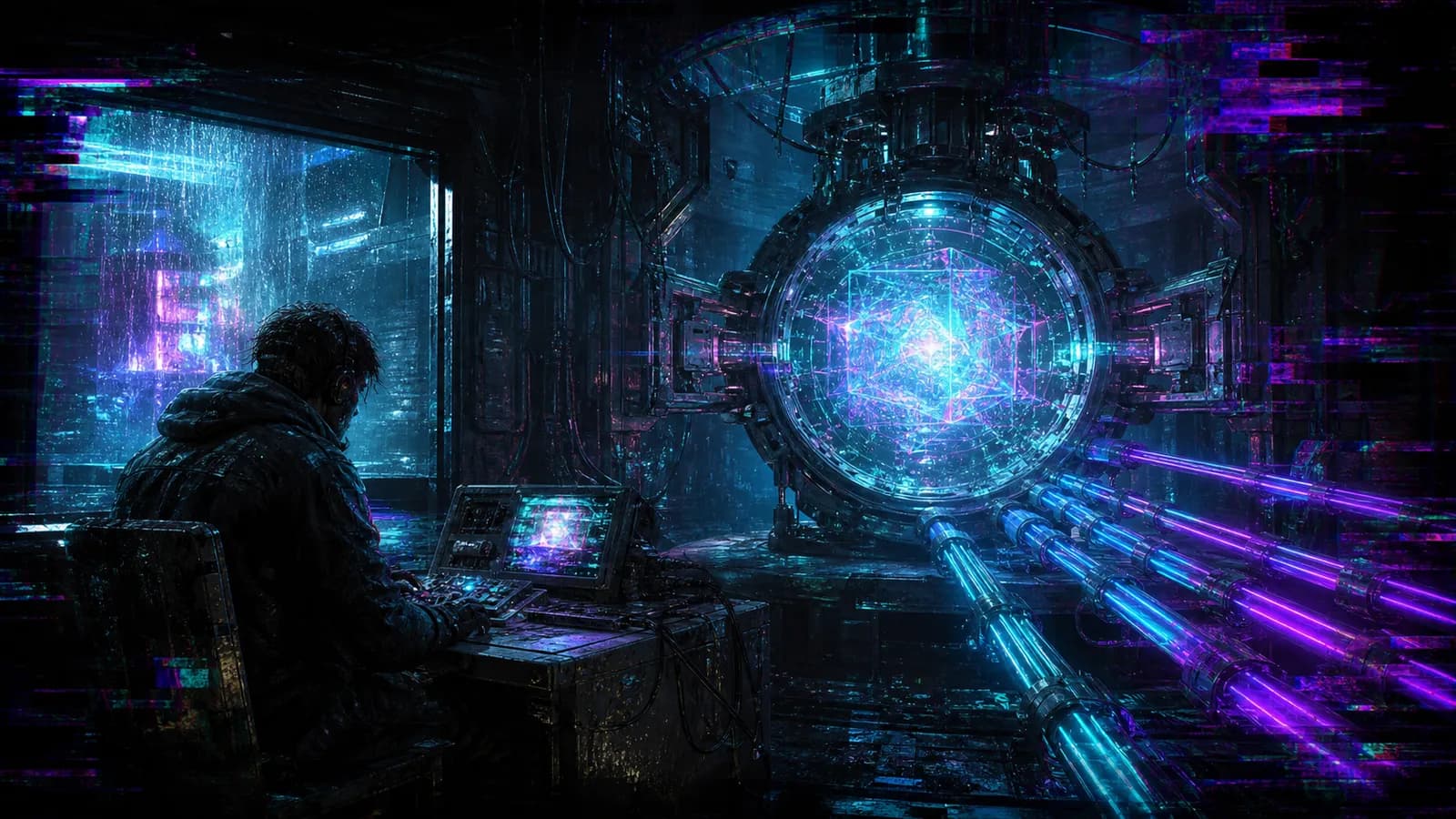 A solitary operator watches a neon cyan and violet data core take shape inside a worn underground cyber-industrial foundry